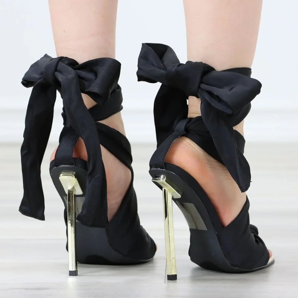 Black Open pointed Toe High Heel Ankle Strap Fabric Gold Needle Heel - Picture 7 of 12